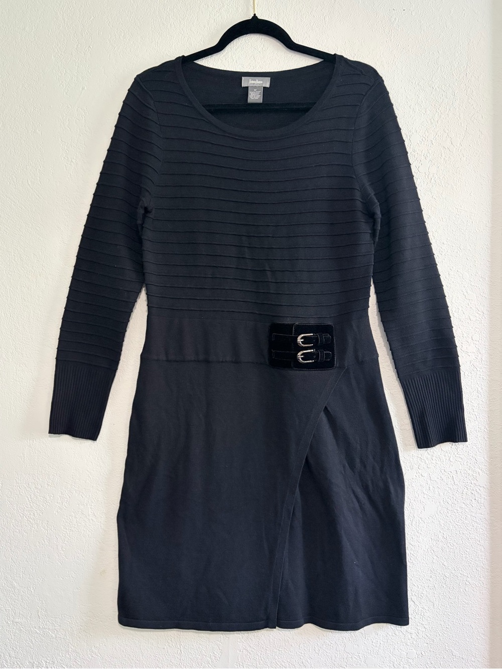 Vintage Neiman Marcus Black Long Sleeve Knit Dress with Buckle Detail